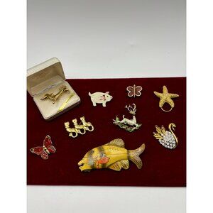 60s-90s Brooches 9 Pc Animal Pet WildLife Aquatic Rhinestone Mixed Media-Lot 44